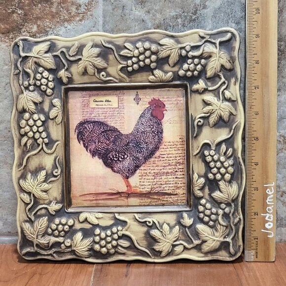 Rooster Plaque Plate Pair Ceramic Square 3D Grape Vine Frame - Picture 7 of 10